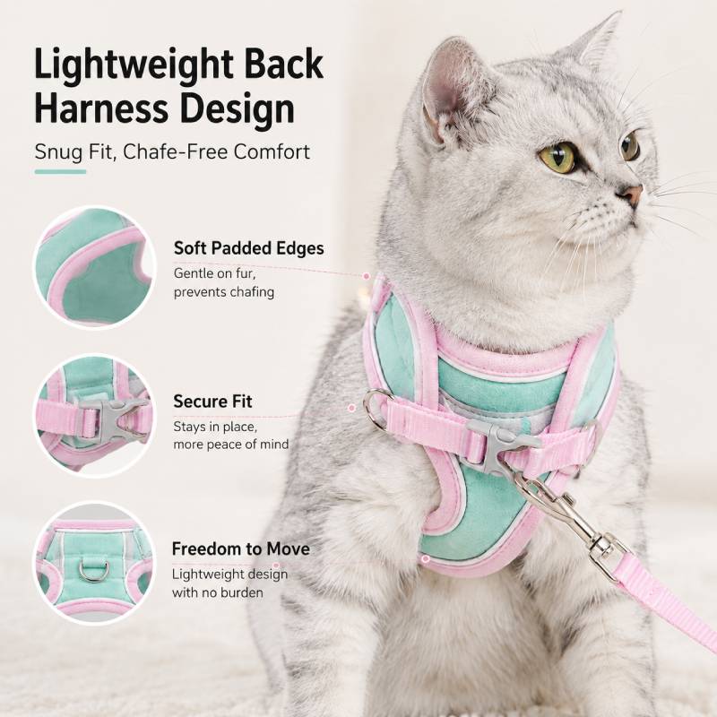 Soft Cat Harness Vest with Leash – Lightweight Breathable Mesh & Premium Suede Fabric Anti-Escape Design
