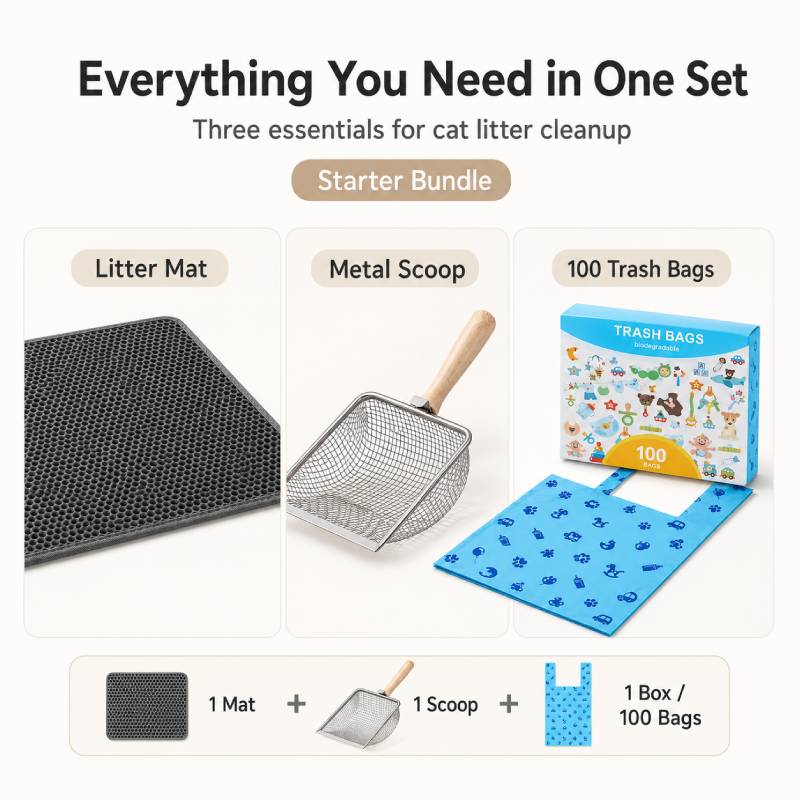 3-Piece Cat Litter Cleanup Kit with Mat, Scoop & 100 Bags